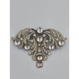 Vintage Art Deco Silver Tone Rhinestone Open Scroll Brooch Pin Large Statement